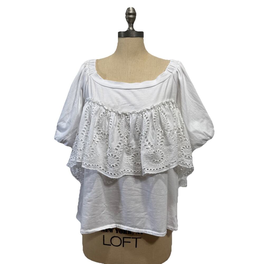 BP Womens Off the Shoulder Top L White Eyelet Ruffle Summer Casual Cotton